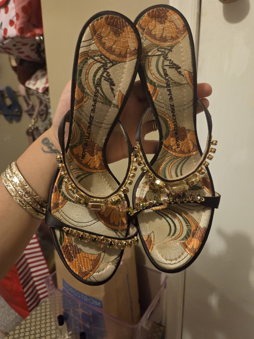 Giuseppe Zanotti Black and Gold Crystal-Embellished Heeled Sandals - Picture 3 of 8